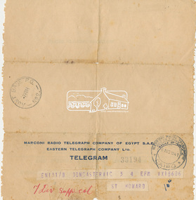 Telegram, Birthday greetings to Sefton Howard (VX18606); Telegram received from D. Thomson in Cairo, Egypt, 6 August 1941, 1941
