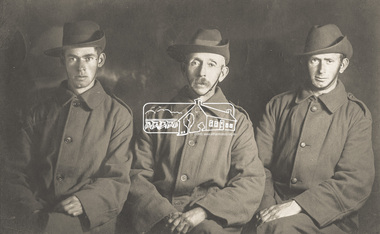 Postcard, L-R: Charlie Harris, Shelley Harris, Robert Harris, c. August 1915, 1915