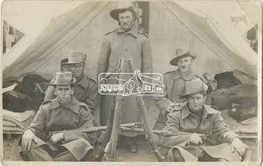 Postcard, Postcard to Lily Howard from Charlie Harris (front left) in camp, c.1916, 1916