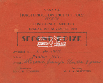 Certificate, Second Prize, Awarded to Lew Howard, Panton Hill School for the Event, Broad Jump Under 9yrs, V.S.S.A.A.A., Hurstbridge District Schools' Sports, Second Annual Meeting, Tuesday, 18th November, 1952, 1952