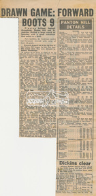 Newspaper clipping, Drawn game: Forward boots 9, and Panton Hill Details, Diamond Valley News, Tuesday, June 30, 1970, p43, 1970