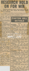 Newspaper clipping, Research hold on for win and Panton Hill Details, Diamond Valley News, c.1975, 1975c