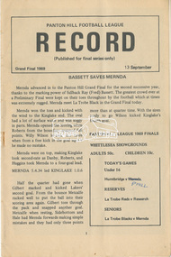 Newsletter, Record, Panton Hill Football League, Grand Final, 13 September 1969, 1969