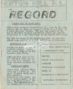Newsletter, The Record 1970, Panton Hill Football League (No Vol., No. or date of issue), 1970