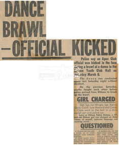 Newspaper clipping, Dance Brawl - Official Kicked, Diamond Valley News, c.18 March 1975, 1975