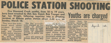 Newspaper clipping, Police station shooting, Diamond Valley News, 1 April 1975, 1975