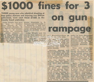 Newspaper clipping, $1000 fine for 3 on gun rampage, Diamond Valley News, 7 May 1975, 1975