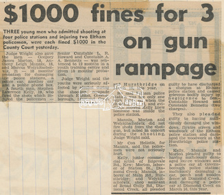 Newspaper clipping, $1000 fine for 3 on gun rampage, Diamond Valley News, 7 May 1975, 1975