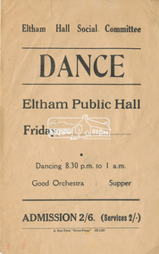Flyer, Eltham Hall Social Committee Dance, Friday, (date to be filled in), 1937-1941