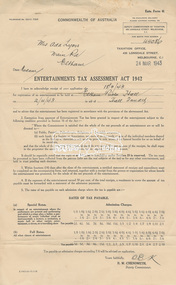 Receipt, Receipt (Entertainment Tax assessment Act 1942) of application dated 18 March 1943 to provide entertainment at Eltham Public Hall on April 2nd, 1943 in aid of Hall funds, 24 March 1943, 1943