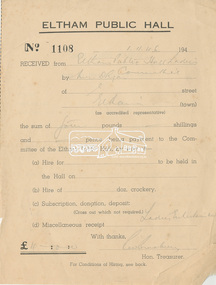 Receipt, Receipt No. 1108 dated 1 November 1946 for miscellaneous receipt of £4.00 from Eltham Public Hall Ladies Committee for Ladies Entertaining, 1946
