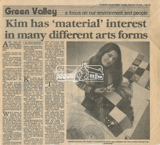 Newspaper clipping, Kim has 'material' interest in many fifferent arts forms by Linley Hartley, Diamond Valley News, Tuesday, September 18, 1990, p63, 1990