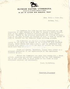 Folder, Eltham War Memorial Trust; Easter Gymkhana Committee Correspondence, 19 Nov 1954-6 Jun 1958