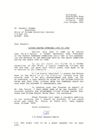 Letter, Letter of donation to Shire of Eltham Historical Society of the Easter Gymkhana Committee Minutes and other associated ephemera, J.M. Peter Bassett-Smith, 31 October 1987, 1987