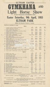 Program, Program Schedule; Eltham Easter Gymkhana and Light Horse Show also Dog Competition, Easter Saturday 9th April, 1955 at Eltham (Lower) Park, 1955