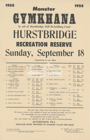 Program, Program; Monster Gymkhana in aid of Hurstbridge Hall Re-Building Fund, Hurstbridge Recreation Reserve, Sunday, September 18, 1955