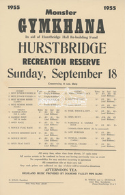 Program, Program; Monster Gymkhana in aid of Hurstbridge Hall Re-Building Fund, Hurstbridge Recreation Reserve, Sunday, September 18, 1955, 1955