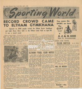 Newspaper clipping, Record Crowd Came To Eltham Gymkhana, Sporting World, Diamond Valley Local, Thursday, April 14, 1955, p8, 1955