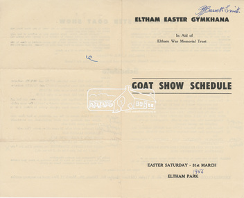 Program, Program; Eltham Easter Gymkhana Goat Show Schedule, Easter Saturday 31st March, 1956, Eltham Park, 1956