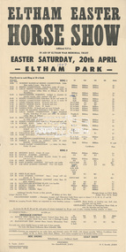 Program, Program Schedule; Eltham Easter Horse Show and Goat Show, Easter Saturday April 20th, 1957, Eltham Park, 1957