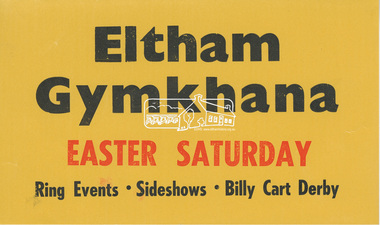 Advertising, Promotional window label, Eltham Gymkhana, Easter Saturday, 20 April 1957, 1957