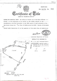Document, Photocopy of Certificate of Title, Eltham War Memorial Trust, Lot 2, Plan of Subdivision No. 63242, Parish of Nillumbik; derived from Vol. 7073 Fol. 498, 18 May 1964, 1964