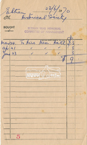 Document, Receipt to Eltham Historical Society for hire of Eltham War Memorial Hall, 23 June 1970, 1970
