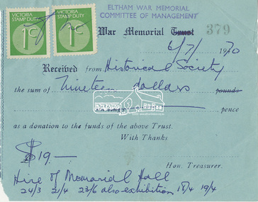 Document, Receipt to Eltham Historical Society for hire of Eltham War Memorial Hall, 6 July 1970, 1970