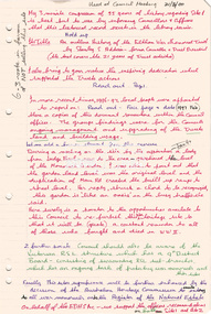 Document, Notes used by Harry Gilham at Nillumbik Council Meeting of 21 March 2000 regarding proposed sale/development of the Eltham War Memorial property, 2000
