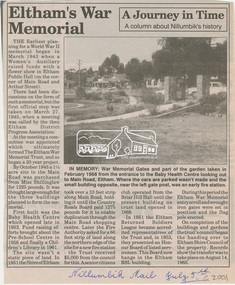 Newspaper clipping, Eltham's War Memorial; A Journey in Time, Nillumbik Mail, 5 July c.2001, 2001c