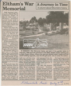 Newspaper article, Eltham's War Memorial; A Journey in Time, Nillumbik Mail, 5 July, c.2001