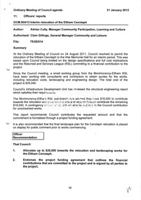 Document, OCM.004/12 Interim relocation of the Eltham Cenotaph; 11. Officer's reports, Ordinary Meeting of Council Agenda, 31 January 2012, pp16-19 and Attachment 1; OCM.004/12 Interim relocation of the Eltham Cenotaph; Funding Agreement Between Nillumbik Shire Council and Montmorency - Eltham RSL Sub Branch Inc., 31 January 2012, pp16-19, 2012