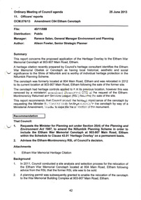 Document, OCM.076/13 Amendment C84 Eltham Cenotaph; 11. Officer's reports, Ordinary Meeting of Council Agenda, 25 June 2013, pp42-44 and Attachment; OCM.076/13 Amendment C84 Eltham Cenotaph; 11. Officer's reports, Ordinary Meeting of Council Agenda, 25 June 2013, pp42-44, 2012