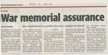 Newspaper clipping, War memorial assurance; RSL involved but no-confidence motion passed on council by Brittany Shanahan, Diamond Valley Leader, October 17, 2018