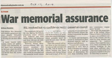 Newspaper article, War memorial assurance; RSL involved but no-confidence motion passed on council by Brittany Shanahan, Diamond Valley Leader, October 17, 2018