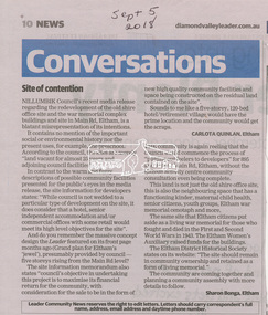 Newspaper clipping, Site of contention; Conversations, Diamond Valley Leader, September 5, 2018, p10, 2018