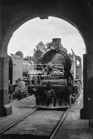 Photograph, Steam locomotives K-155, K-173 and J-511 outside the locomotive workshop, Echuca Railway Station, c.October 1962, 1962c