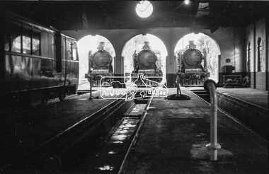 Photograph, Steam locomotives K-175, K-155 and K-182 outside the locomotive workshop, Echuca Railway Station, c.1962, 1962c