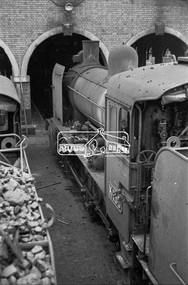 Photograph, Steam locomotive K-155 outside the locomotive workshop, Echuca Railway Station, c.1962, 1962c
