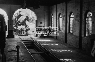 Photograph, Steam locomotive J-527 outside the locomotive shed, Echuca Railway Station, 1962