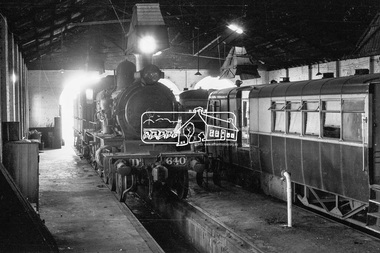 Photograph, Steam locomotive D3-640 in the Locomotive Shed, Echuca Railway Station, 1962