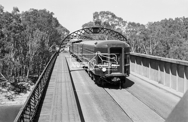 Photograph, VR Commissioner's Special train, steam locomotive D3-639 crossing the Echuca-Moama Road Rail Bridge over the Murray River from Moama, NSW to Echuca, Victoria, 1962