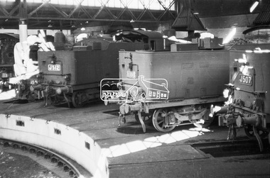 Photograph, Steam locomotives K-158, J-512, K-168 and J-507 in the locomotive shed, Bendigo Railway Station, 1962