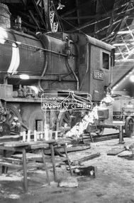 Photograph, Steam locomotives J-547 and J-512 in the locomotive shed, Bendigo Railway Station, 1962