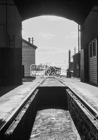 Photograph, Steam locomotive R-708 outside the locomotive workshop, Bendigo Railway Station, c. November 1962