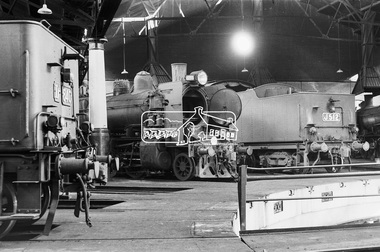 Photograph, Steam locomotives D3-640, K-158 and J-512 in the locomotive shed, Bendigo Railway Station, c November 1962