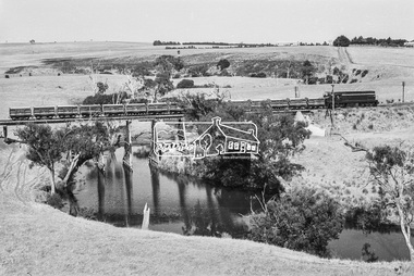 Photograph, D-class Diesel Locomotive D-1 crossing the railway trestle bridge over the Mooroobool River, Fyansford Cement Works Railway, November 1962, 1962