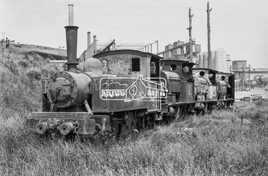 Photograph, Perry Engineering Locomotive No 10 at front and three Hudswell Clarke 646 locomotives, Fyansford Cement Works Railway, November 1962, 1962