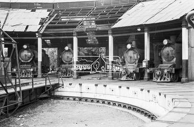 Photograph, Steam locomotives J-516, N-464, D3-629 and K-162 in the locomotive workshop at Seymour Railway Station, c.May 1963, 1963