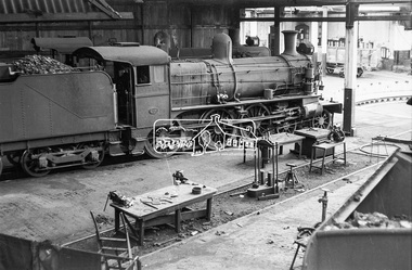 Photograph, Steam locomotives D3-629 and K-162 in the locomotive workshop at Seymour Railway Station, c.May 1963, 1963